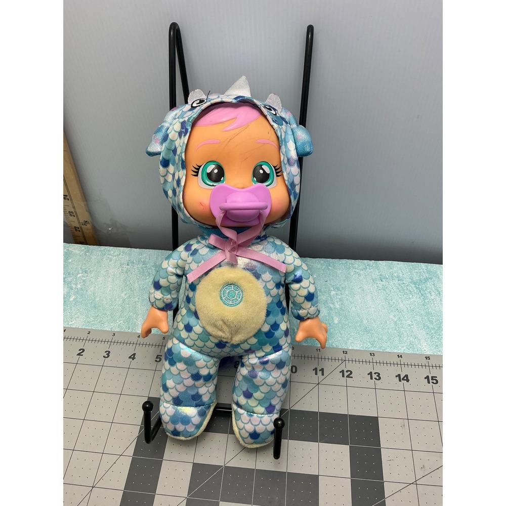 IMC Toys Cry Babies Doll Blue Dragon Scale Onesie Pink Hair Pacifier 12 Inch